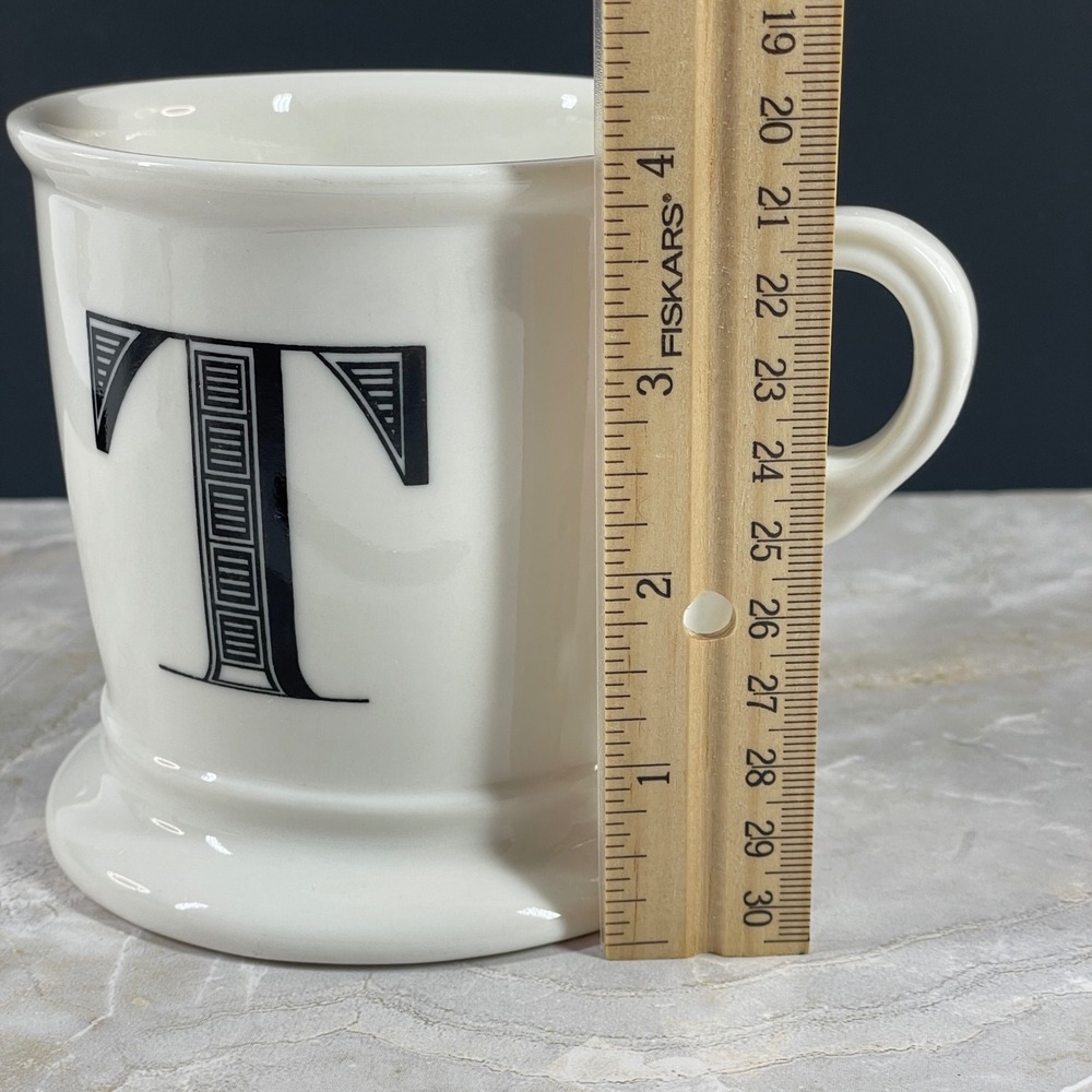 Anthropologie Monogram Letter T Ceramic Coffee Mug White Black Pedestal Large - Picture 8 of 9